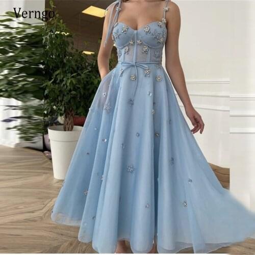 Verngo Elegant Baby Blue Short Prom Dresses With Starrs Mesh Tulle Spaghtti Straps Tea Length Homecoming Party Gowns With Pocket
