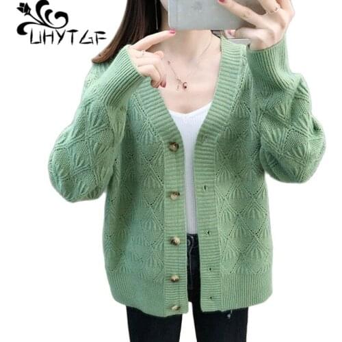UHYTGF Cardigan For Women Knitted Spring Autumn Sweater Jacket Fashion Hook Flower Hollow Elegant Female Short Sweater Coat 1550