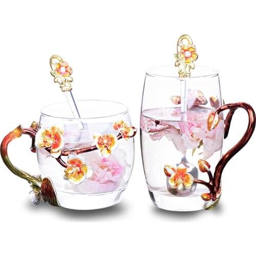 Peach Blossom Enamel Coffee Mugs Crafted Vintage Glass Tea Cup High Quality Enamel Spoon Perfect Of Mothers Present F5