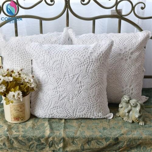 Korean fashion high quality natural cotton crochet lace pillowcase with cutout flower vintage pillow cover cushion for home
