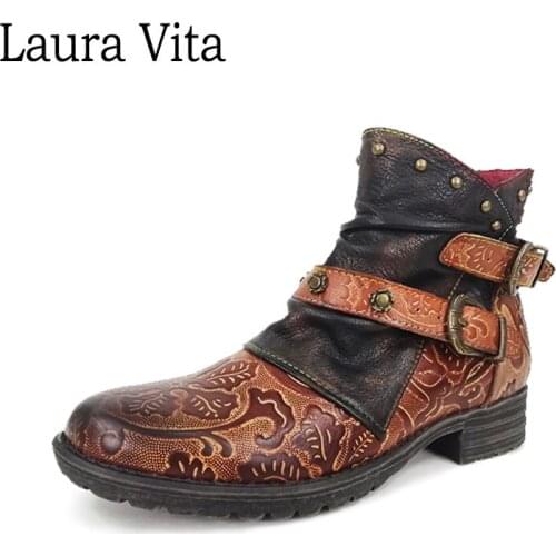 Laura Vita GACMAYO 01 Retro Pattern Printed Handmade Genuine Leather Zipper Comfortable Boots Low Heel