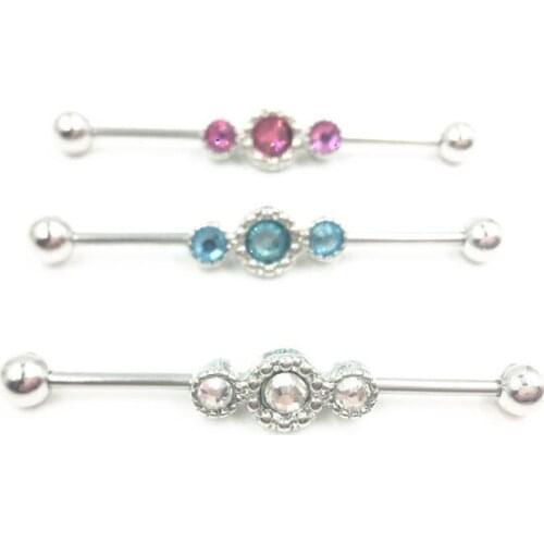 Lot50pcs 14g Surgical Steel Industrial Ear Scaffold Barbells Cartilage Helix Bar Body Jewelry Ear Piercing Earring Three Gems N