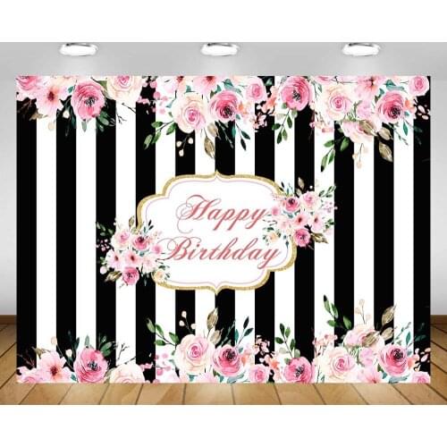 Mehofond Birthday Backdrop for Photography Black White Stripe Pink Flower Party Decor Children Adult Photo Background Photozone