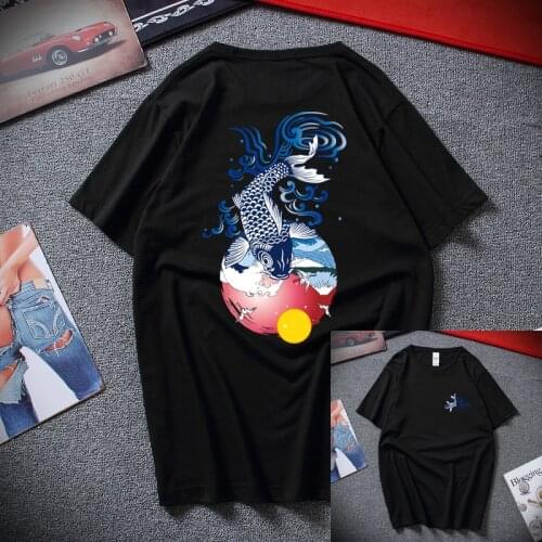 Japanese Style Men T Shirt Print Wave Carp Fish Tops Tees fashion Hip-hop printing Full back carp summer T-shirt