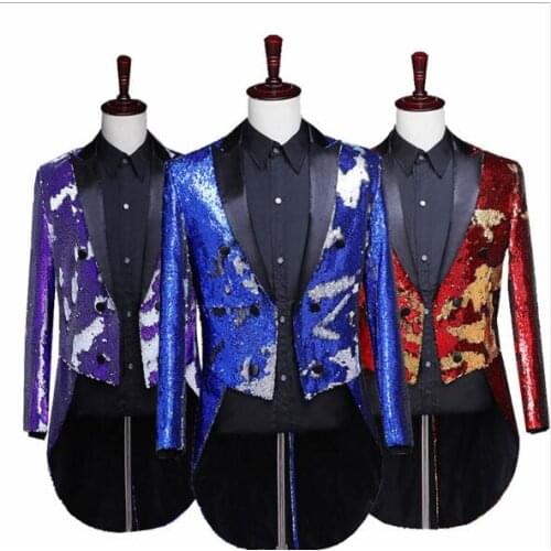 Mens sequins suit jacket singer costumes host dress dance jacket master of ceremonies Magician Tuxedo Discoloration only jacket
