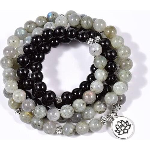 Natural Stone Black Onyx With A+ Labradorite 108 Mala Charm Pendant Bracelet Yoga Meditation Jewelry