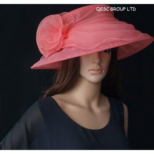 Wholesale NEW 4 colours Pink Wide brim Fashion organza hats church bridal hat for wedding womens hat,races.FREE SHIPPING