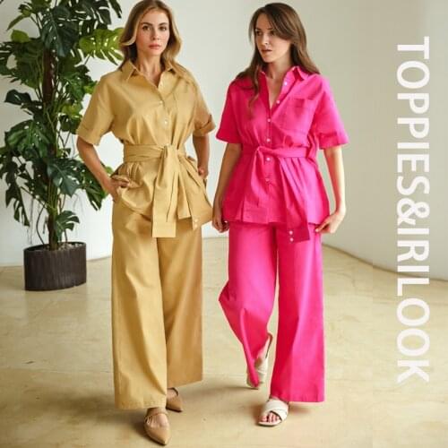 Toppies Summer Imitation linen Shorts Pants Sets Woman Leisure Fake Sleeve Belt Shirts High Waist Shorts Wide Leg Pants