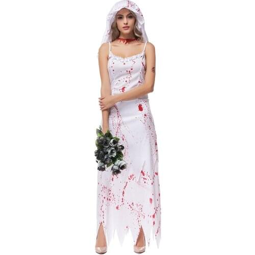 Scary Bloody White Women Corpse Bride Cosplay Female Halloween Zombie Walking Dead Costumes Carnival Purim Role Play Party Dress