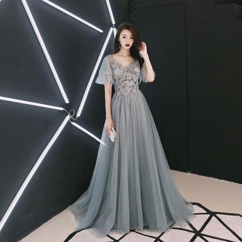 Embroidery Applique V-Neck Short SLeeve A-Line Evening Dress Wedding Formal Party Gown Robe De Soiree Vestido De Noche Cheongsam