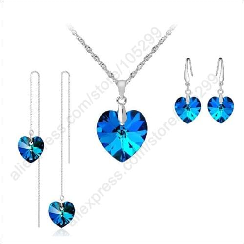 Jewely Sets Blue Austrian Crystal Pure Genuine 925 Sterling Silver Ocean Sea Heart Necklace Earring Ear Thread