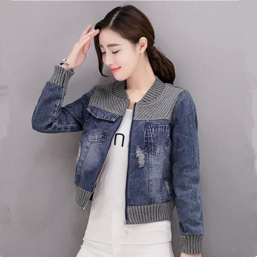 Short Denim Jacket Women Autumn Patchwork Hole Jeans Jackets Plus size Loose Long sleeve Coat Casual Female Zipper Outwear Tops