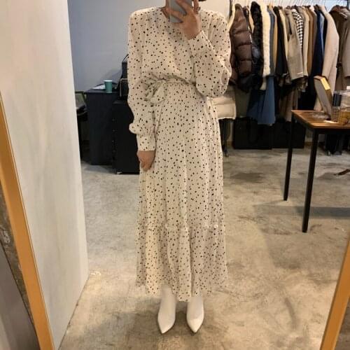 Women Spring Polka Dot Round Collar High Waist Long Dress Long Sleeve Ruffle Hem Lacing Dresses Slim Fit French Style