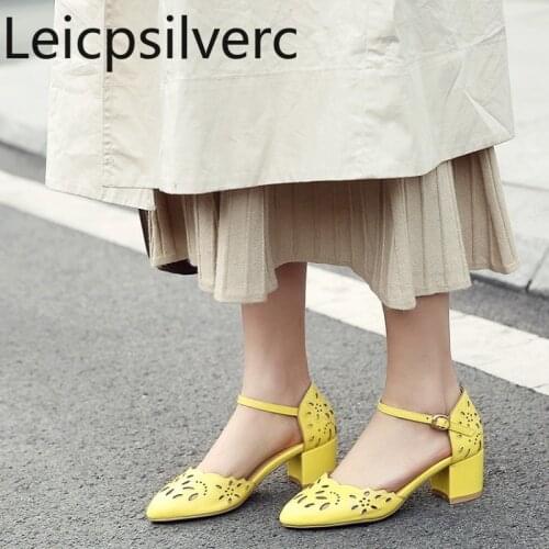 Pumps Spring and autumn new style Round head Shallow mouth Buckle Thick heel mid heel Womens Single shoes plus size 32-46