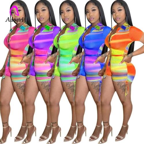 Rainbow Stripe Women Rompers Shirt Neck High Waist Skinny Biker Playsuit Sexy Deep V Neck Club Party One Piece Workout Outfits