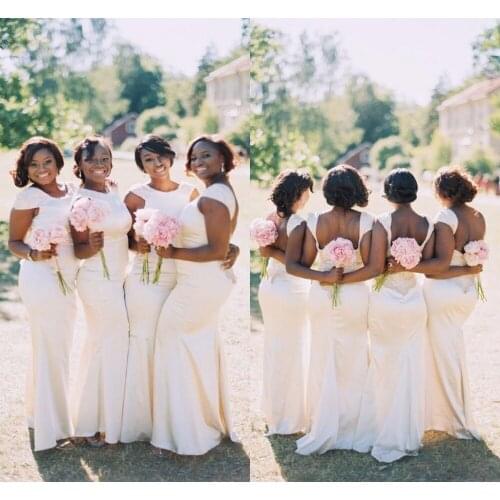 Free shipping Mermaid cap Sleeve Floor Length Long cheap Bridesmaid dresses 2015 vestidos para festa Backless White Simple gowns