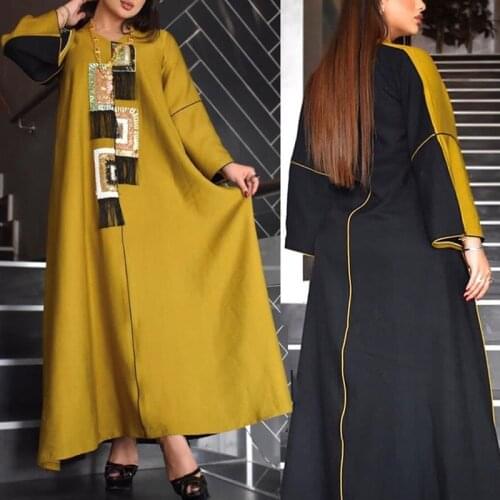 Women Abaya Dubai Turkey Muslim Tassel Sequin Dress Plus Size Loose Boubou Black Yellow Gowns Pakistani Islamic Clothing Robe