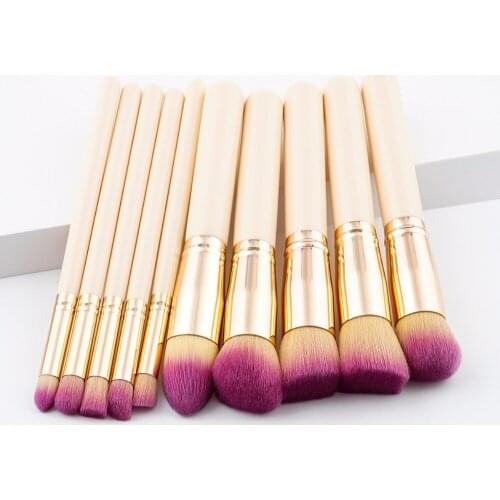 10PCS Beige Handle Makeup Brushes Pink Hair Foundation Powder Contour Eyebrow Blending Cosmetic Brush Set Face Make Up Kwasten