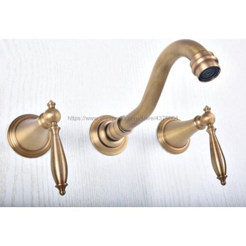 Antique Brass Bathroom Basin Sink Mix Tap Dual Handles Wall Mounted Kitchen Basin Sink Mixer Faucet Nsf514