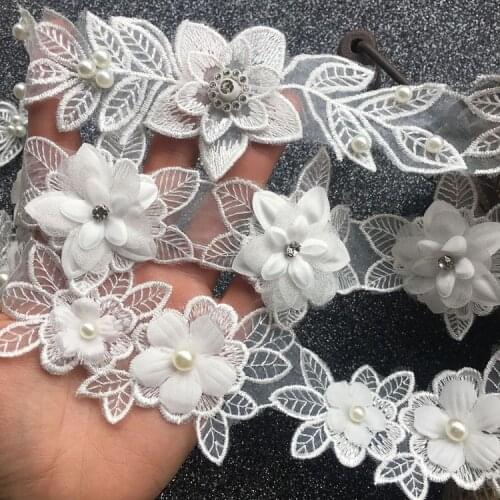 3D Flower Beaded Mesh Lace Fabric Applique Trim For Wedding Veil Jewelry Material Embroidery Patches Sew On Garment Accessories