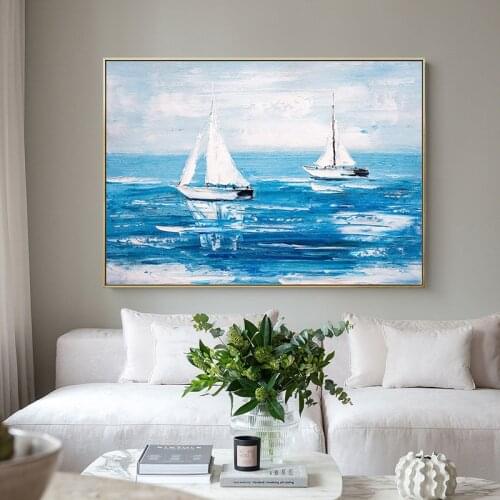 White Sailing Boat and Blue Sea Canvas Painting Living Room Bedroom Wall Art Interior Home Decoration Painting(No Frame)
