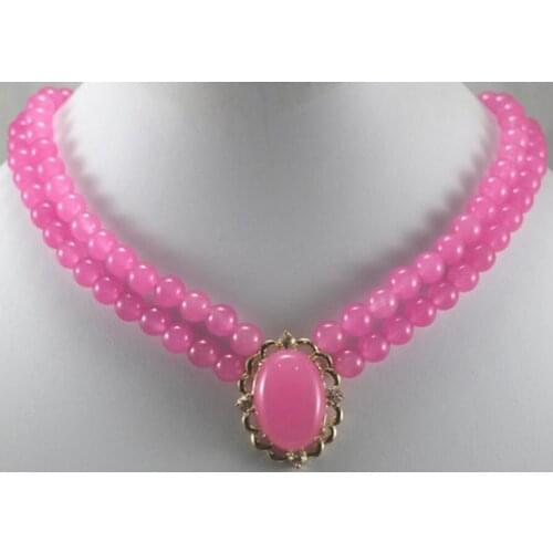 Free Shipping wholesale 2rows pink Natural JADE bead necklace with 13*16mm pendant necklace