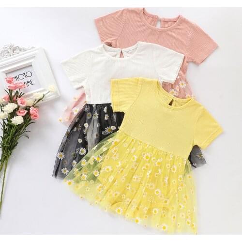 Baby Girl 0-3T Daisy Print Mesh Dress Girls Short Sleeve O-neck Knitted Romper Sundress for Summer