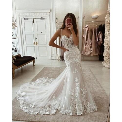 GY Sexy Ivory Lace Mermaid Wedding Dresses Tulle Bridal Gowns with Train Sweetheart Spaghetti Straps Plus Size Custom Made