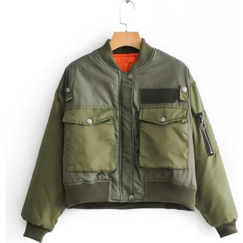 TRAF Women 2021 Fashion Autumn Warm Bomber Jackets Vintage Pockets Zipper Stand Collar Outerwear Streetwear