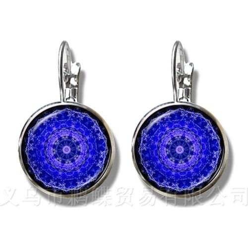 Trendy OM Yoga Chakra Mandala Glass Dome Earrings Sacred Geometric Purple Flower Pattern Glass Silver Plated Stud Earring