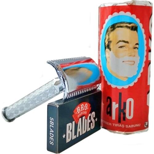 Arko Shaving + Soap Safety Razor + 5x Double Edge Razor Blades Set