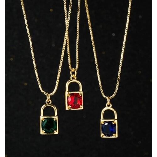 Multicolor Crystal Small Padlock Pendant Necklace Ladies Gold Chain Copper Lock Clasp Gold Plated Snake Chain Goth Jewelry Gift