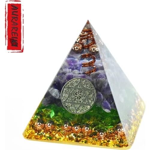 Natural Green Quartz And Amethyst Energy Orgonite Pyramid Healing Crystal Yoga Meditation Protection Home Office Decoration
