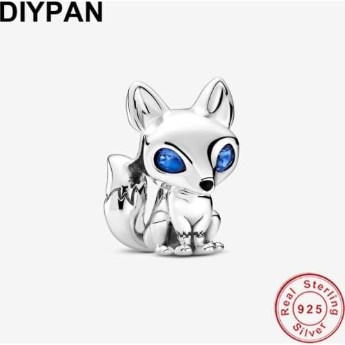 Blue Eyed Fox Charm Beads Fit Original Pandora Bracelet Charm 925 Sterling Silver Charm Jewelry Berloque Pendant