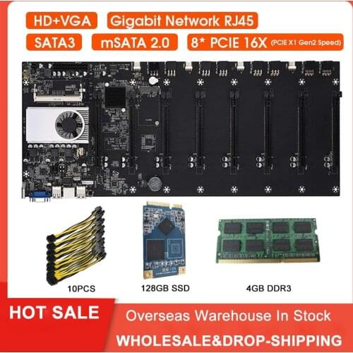 BTC-T37 Riserless Mining Motherboard 8 CPU Mining Set with 4GB DDR3 1600MHz RAM 1037U 128GB mSATA SSD Power Cable