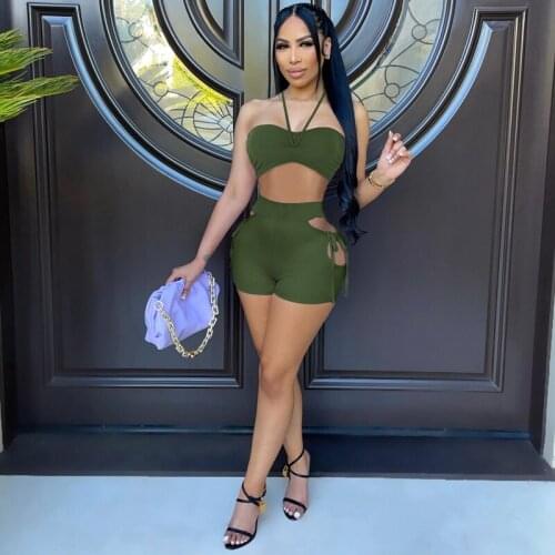 Sexy Two Piece Club Outfits Halter Crop Top Hollow Biker Shorts Tracksuit Women Festival Clothing Backless Matching Sets