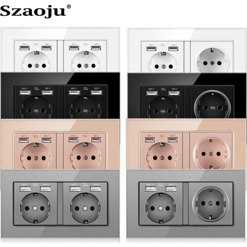 Szaoju Wall Sockets Single Power Outlets 146*86MM Double Frame With USB Sockets Glass Panel Triple Sockets Kids Protection 16A