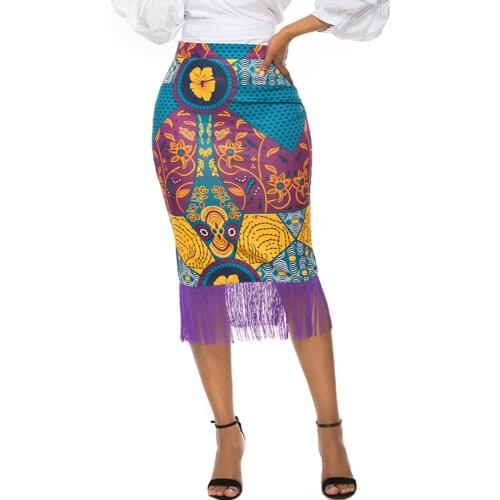 Female Vintage Print Fringe Midi Bodycon Skirts for Women Summer Office Ladies Elastic Jupe Faldas Plus Size S XXL Tassel Skirts