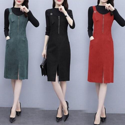 Trend 2021 Autumn New Plus Size Womens Fashion Temperament Knitted Bottoming Shirt Vest Dress Two Piece Set Outfit Spring M233