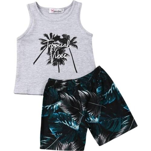 2019 Toddler Newborn Kids Baby Boys Clothes Set Summer Sleeveless Gray Letter T-shirt Tops Leaves Shorts Costume Clothing 2pcs