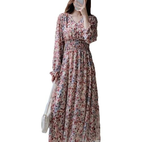 2021 Spring Autumn Plus Size Womens Korean Retro V-neck Chiffon Dress Vintage was thin Waisted Floral Dress 154A