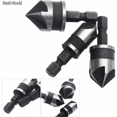 3pc 1/4" Hex Shank Countersink Drill Bit 5 Flute 90 Degree Woodworking Chamfer Counter Sinks 12-19mm Chamfering Debur Countersin
