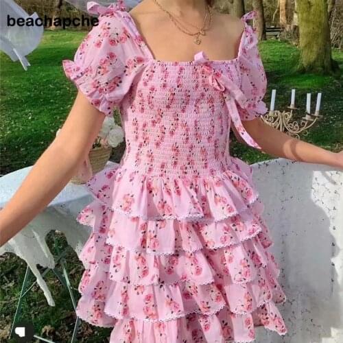 Beachapche 2021 New Cute Pink Floral Print Ruffles Vestidos Holiday Elastic Women Summer mini Dress Vintage Short Sleeve Girl