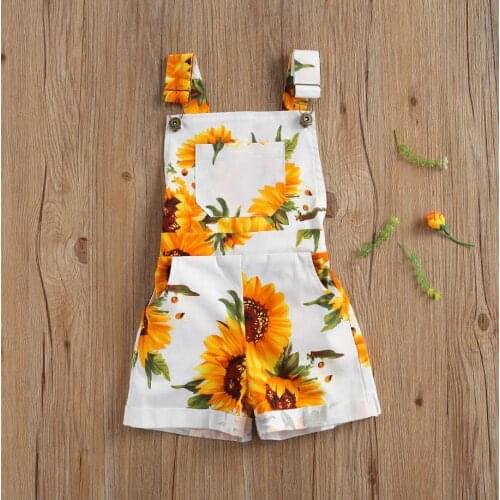 Children Girls Pants Kids Overalls Sunflower Print Backless Suspender Shorts with Pockets for Party Photography Vacation