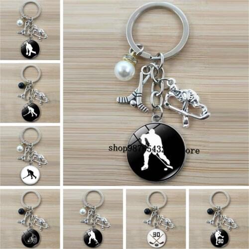 Elegant ice hockey keychain retro style hockey player silhouette keychain glass cabochon sports jewelry mens gift