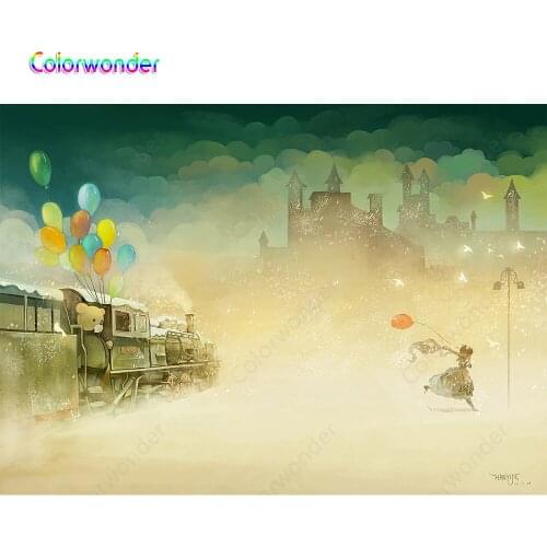 Watercolor Painting Photographic Bear with Girl Holding the Colorful Balloons Ancient Castle with Clouds Backdrops for Birthday