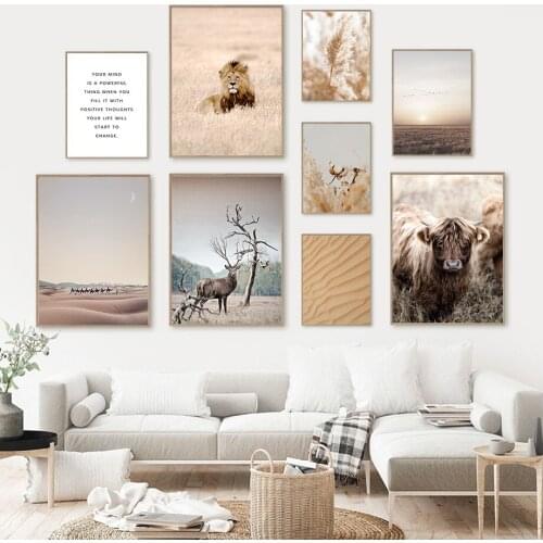 Scandinavian Landscape Canvas Painting Reed Wheat Plant Wall Art Poster Deer Lion Cow Print Animal Modern Picture Home Decor