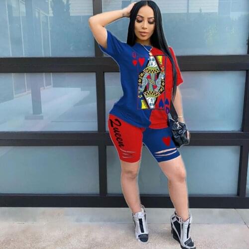 TNNAOFF Patchwork Letter Plus Size 2 Piece Tracksuits Women Set Short Sleeve T Shirt+hole Biker Shorts Lounge Wear Matching Sets