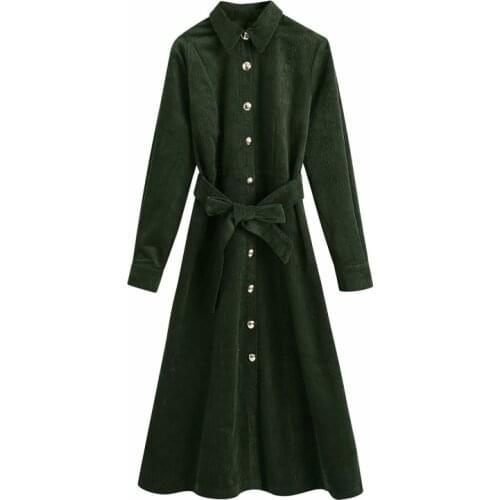 Nice Vintage Woman ArmyGreen Corduroy Long Shirt Dress New Vogue Ladies Autumn Sashes Dresses Female Chic Long Sleeve Dress