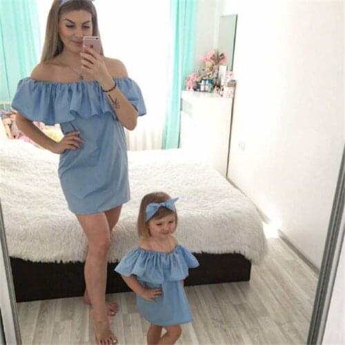 Summer Family Matching Outfits Mother Daughter Ruffles Dresses One Off Shoulder Mom Girls Clothes Vestidos Beach Dress D11 10